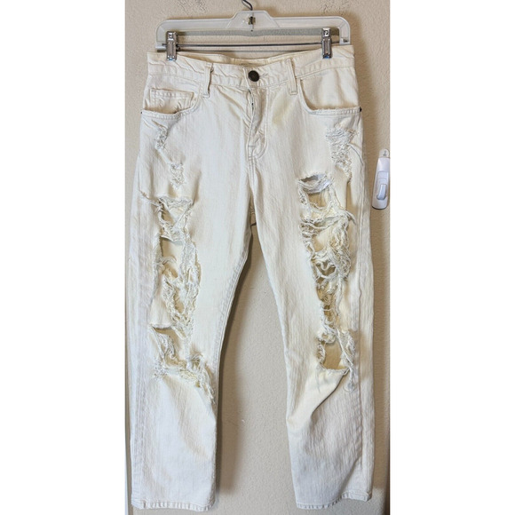 Current Elliott Jeans Womens 26/0 Cream Boyfriend Distressed Denim cropped - Picture 1 of 8